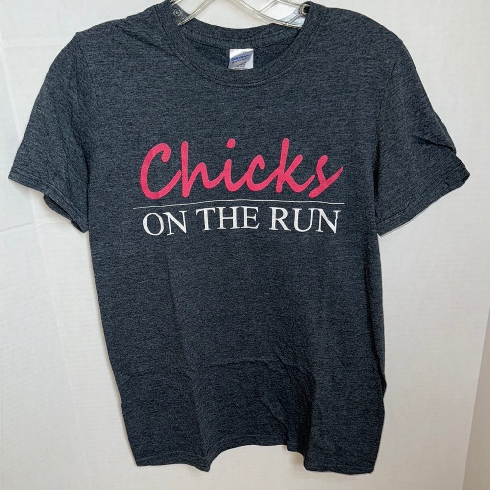 Gray T-Shirt with Pink and White Print